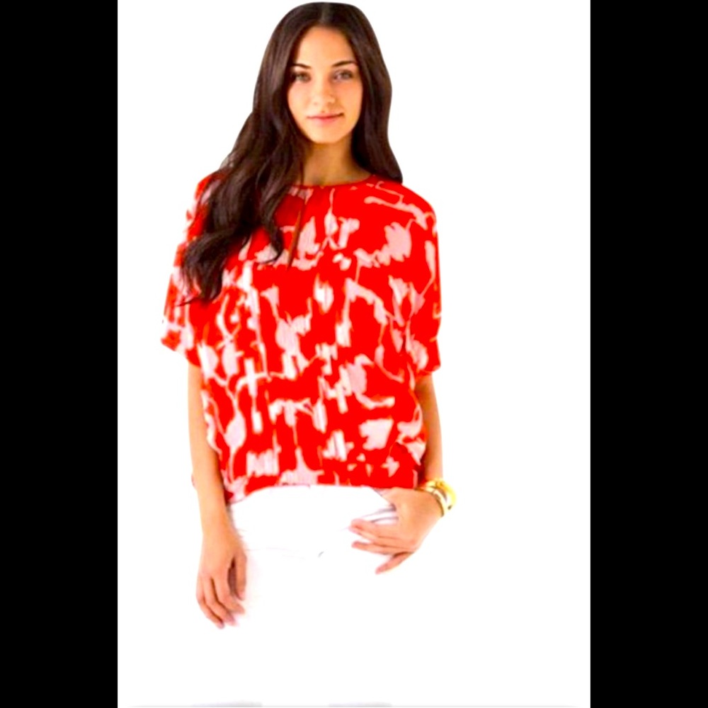 DIANE VON FURSTENBERG, Coral/white silk Top Size P/02, Authentic DVF